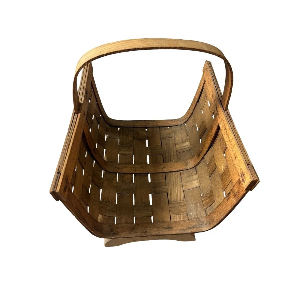Vintage Woven Oak Splint Magazine Basket with Handle